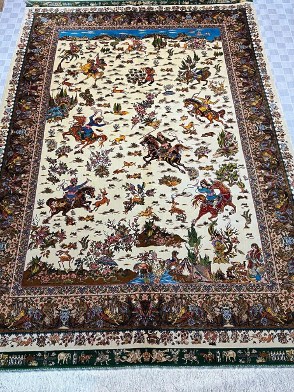 A stunning Persian-inspired hunting scene carpet featuring intricate storytelling artwork on a soft white base. Machine-made for precision, durability, and elegant home décor.