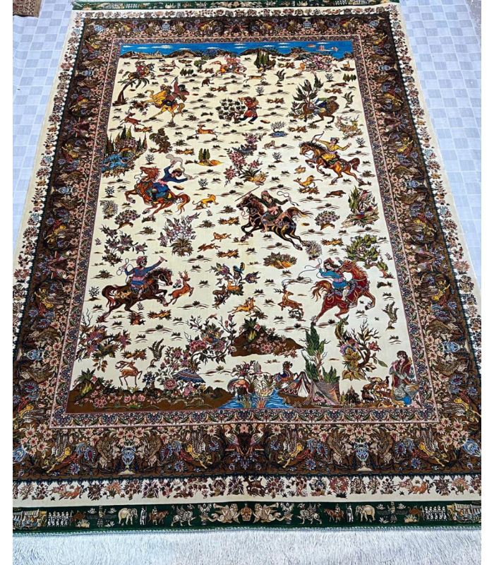 A stunning Persian-inspired hunting scene carpet featuring intricate storytelling artwork on a soft white base. Machine-made for precision, durability, and elegant home décor.